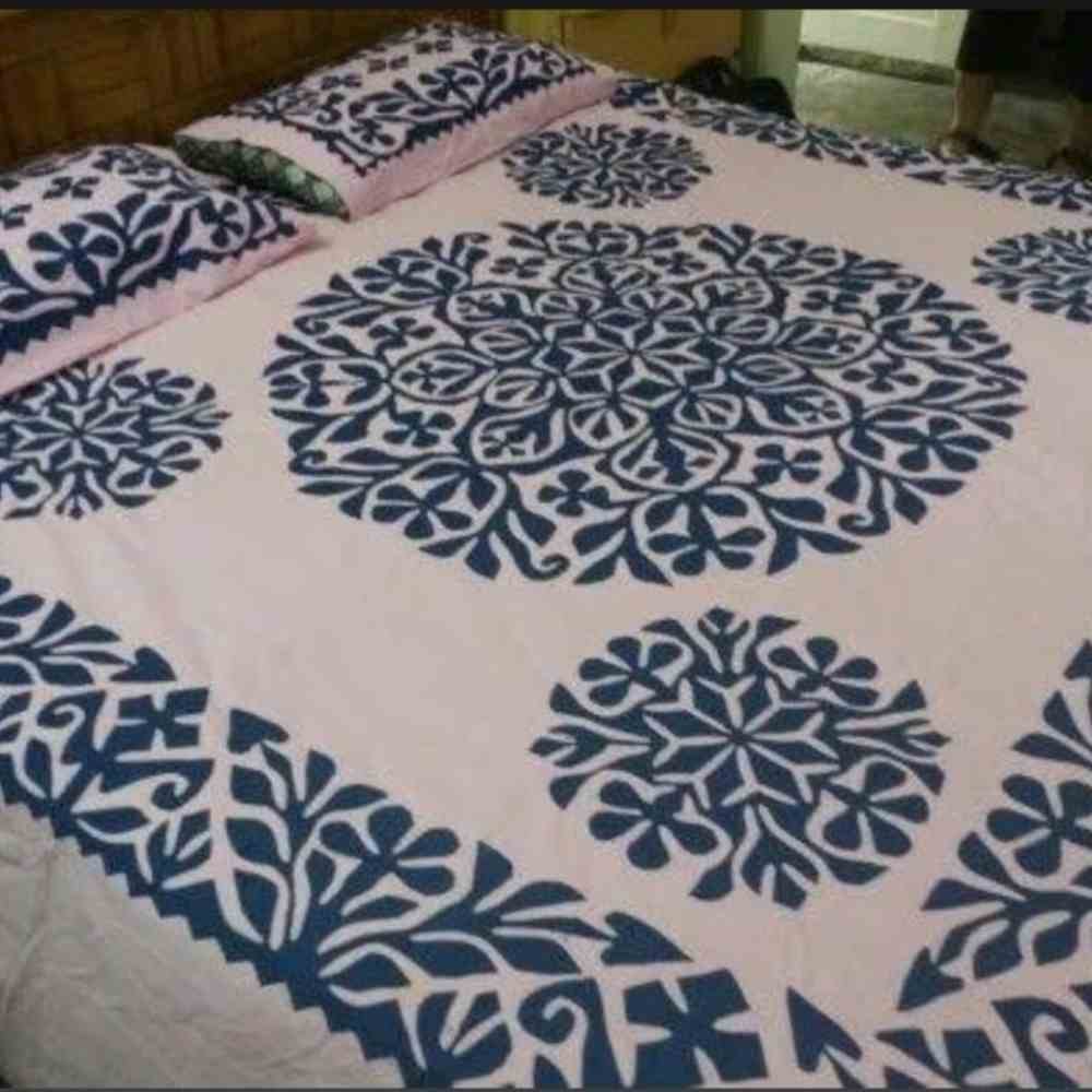 Handcrafted Applique Bedsheet – Cream Base with Blue Applique Work